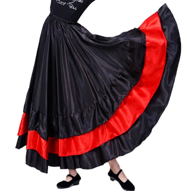 BACKGARDEN Women Black Red Layers Satin Long Skirt for Spanish Flamenco Belly Dance Mexico Ballet Folklorico Performance - Image 3